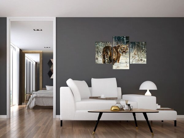 Slika - Tiger v zasneženem gozdu, oljna slika (90x60 cm)