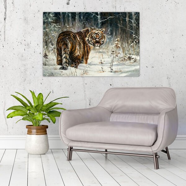 Slika - Tiger v zasneženem gozdu, oljna slika (90x60 cm)