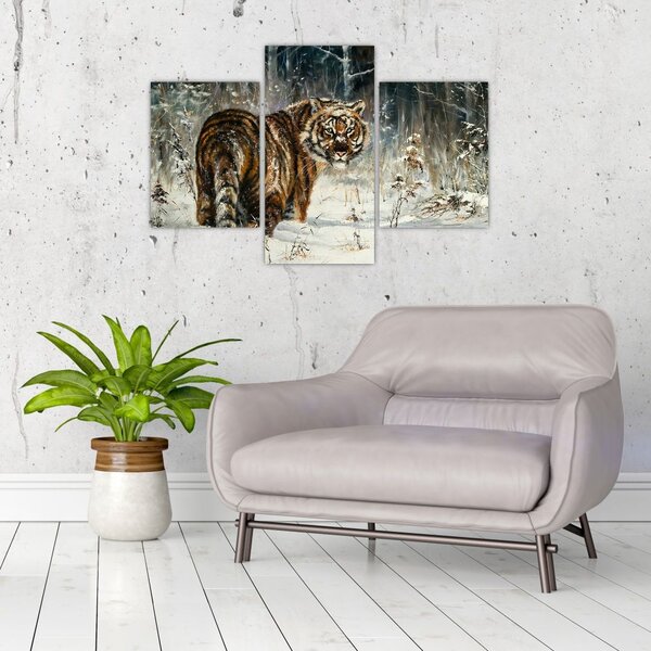 Slika - Tiger v zasneženem gozdu, oljna slika (90x60 cm)