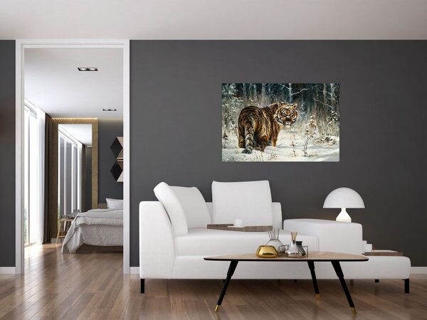Slika - Tiger v zasneženem gozdu, oljna slika (90x60 cm)