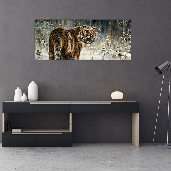 Slika - Tiger v zasneženem gozdu, oljna slika (120x50 cm)