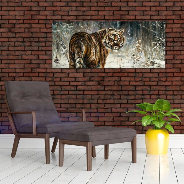 Slika - Tiger v zasneženem gozdu, oljna slika (120x50 cm)