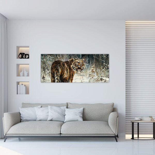 Slika - Tiger v zasneženem gozdu, oljna slika (120x50 cm)