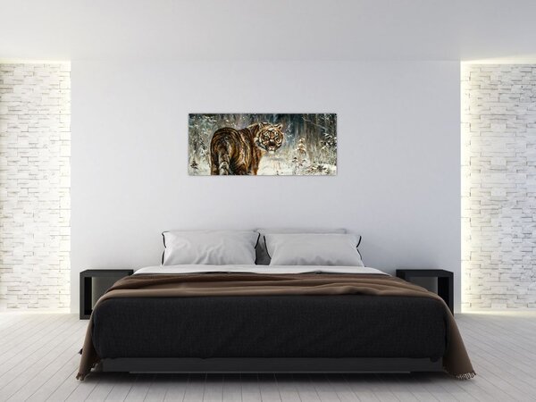 Slika - Tiger v zasneženem gozdu, oljna slika (120x50 cm)