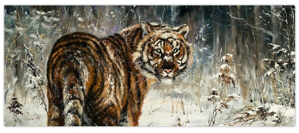 Slika - Tiger v zasneženem gozdu, oljna slika (120x50 cm)