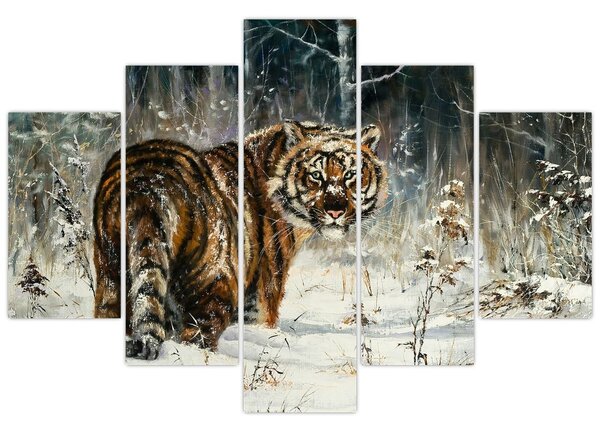 Slika - Tiger v zasneženem gozdu, oljna slika (150x105 cm)