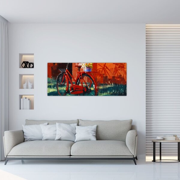 Poslikava rdečega kolesa, slika z akrilom (120x50 cm)