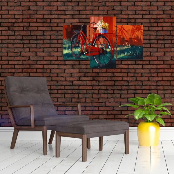 Poslikava rdečega kolesa, slika z akrilom (90x60 cm)