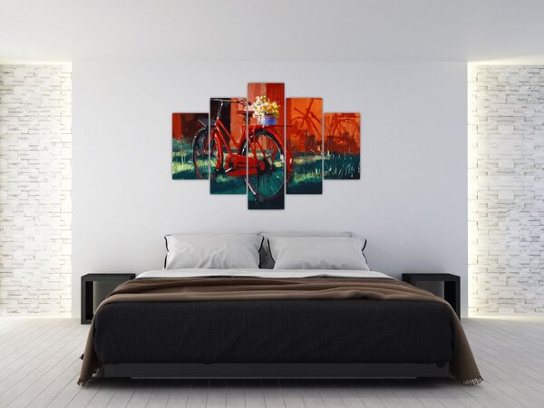 Poslikava rdečega kolesa, slika z akrilom (150x105 cm)