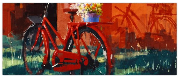 Poslikava rdečega kolesa, slika z akrilom (120x50 cm)
