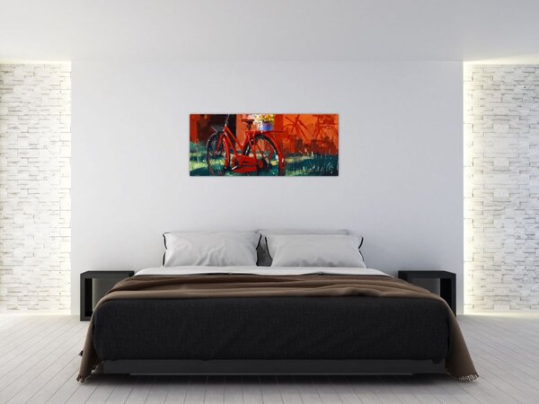 Poslikava rdečega kolesa, slika z akrilom (120x50 cm)
