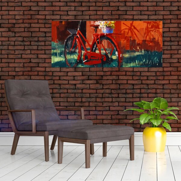 Poslikava rdečega kolesa, slika z akrilom (120x50 cm)