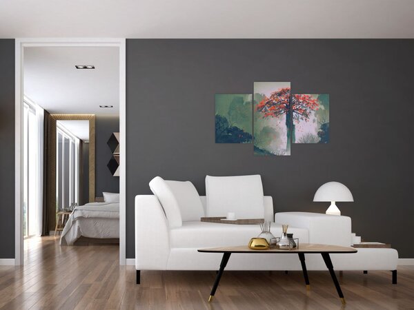 Slika osamljenega rdečega drevesa (90x60 cm)