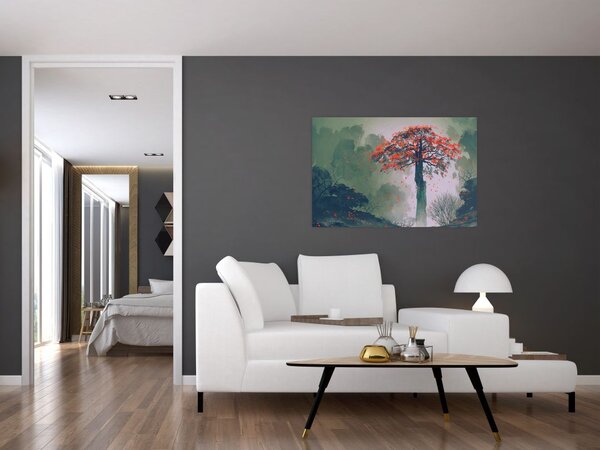 Slika osamljenega rdečega drevesa (90x60 cm)