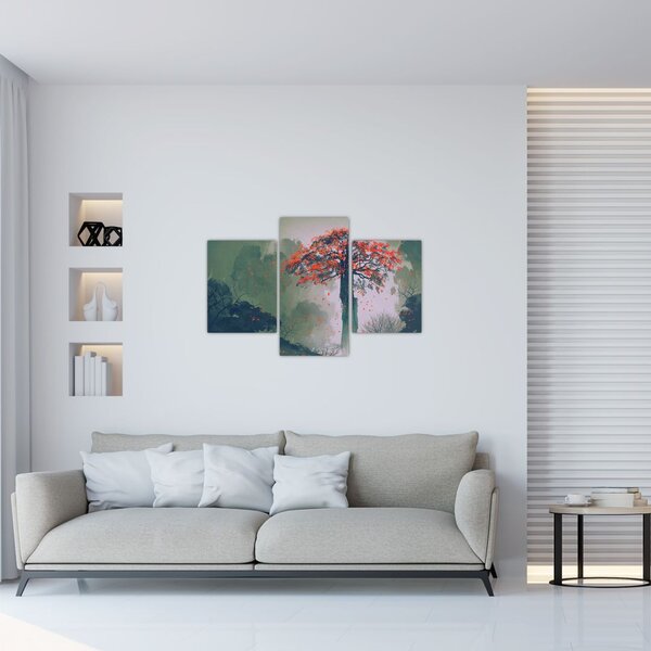 Slika osamljenega rdečega drevesa (90x60 cm)
