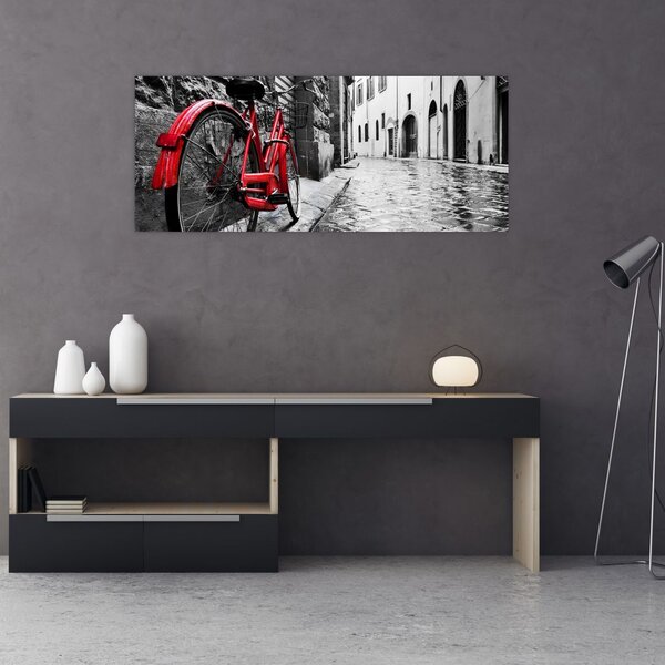 Slika rdečega kolesa na tlakovani ulici (120x50 cm)