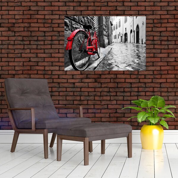 Slika rdečega kolesa na tlakovani ulici (90x60 cm)
