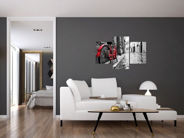 Slika rdečega kolesa na tlakovani ulici (90x60 cm)
