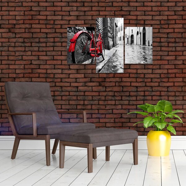 Slika rdečega kolesa na tlakovani ulici (90x60 cm)