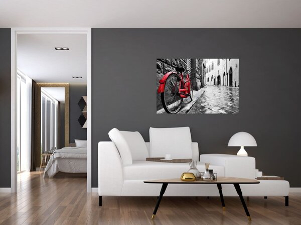 Slika rdečega kolesa na tlakovani ulici (90x60 cm)