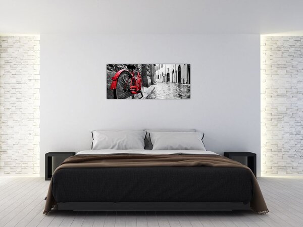 Slika rdečega kolesa na tlakovani ulici (120x50 cm)