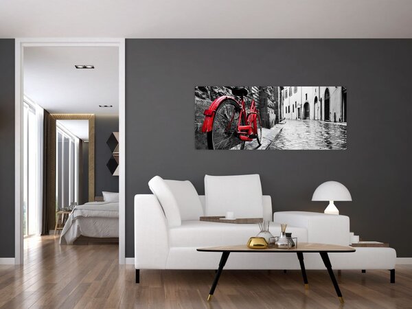 Slika rdečega kolesa na tlakovani ulici (120x50 cm)