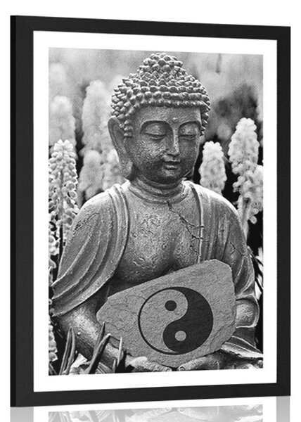Plakat s paspartuom jin i jang Buddha u crno-bijelom dizajnu