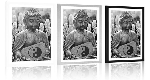 Plakat s paspartuom jin i jang Buddha u crno-bijelom dizajnu