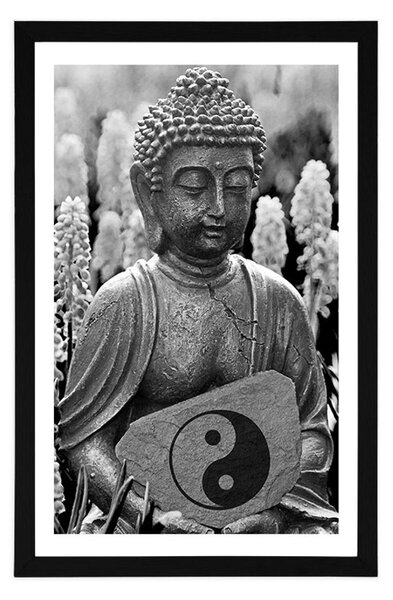 Plakat s paspartuom jin i jang Buddha u crno-bijelom dizajnu