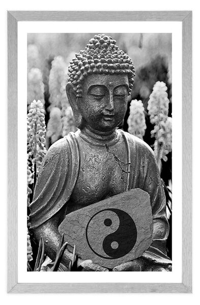 Plakat s paspartuom jin i jang Buddha u crno-bijelom dizajnu