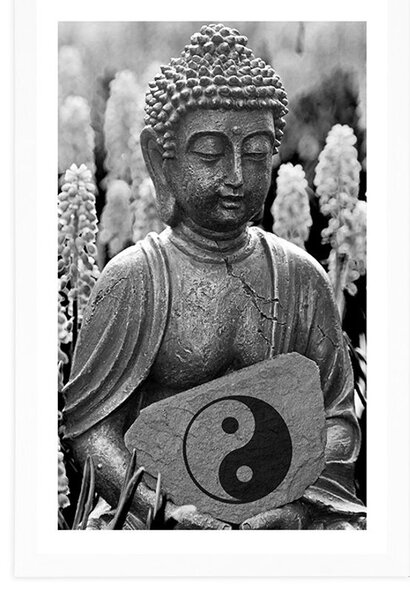 Plakat s paspartuom jin i jang Buddha u crno-bijelom dizajnu