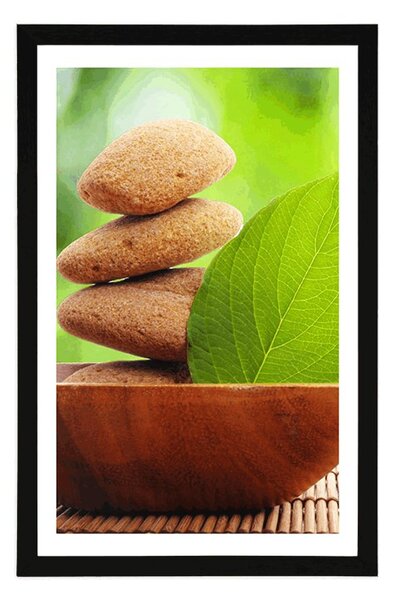 Plakat s paspartuom Zen kamenje i list u zdjeli