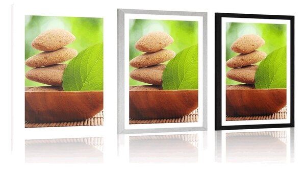 Plakat s paspartuom Zen kamenje i list u zdjeli