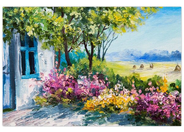Slika vrta pred hišo, oljna slika (90x60 cm)
