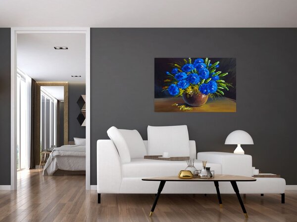 Slika modrih rož v vazi (90x60 cm)