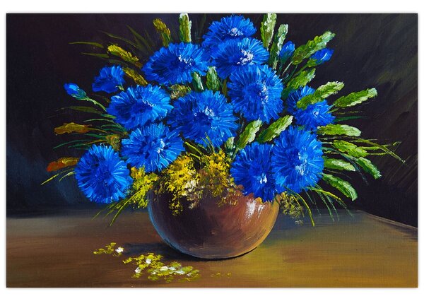 Slika modrih rož v vazi (90x60 cm)