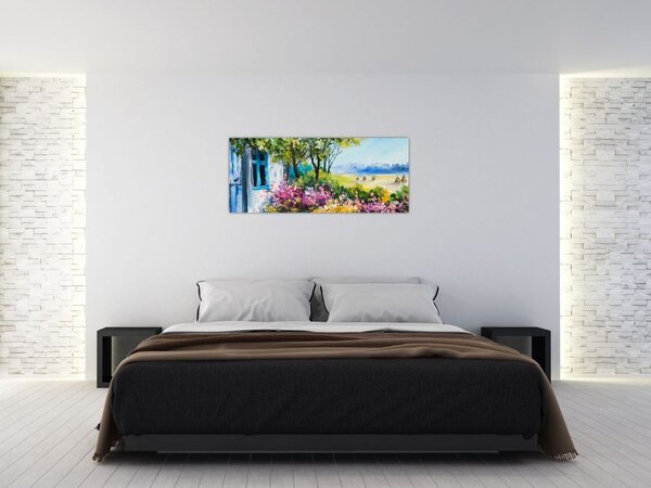 Slika vrta pred hišo, oljna slika (120x50 cm)