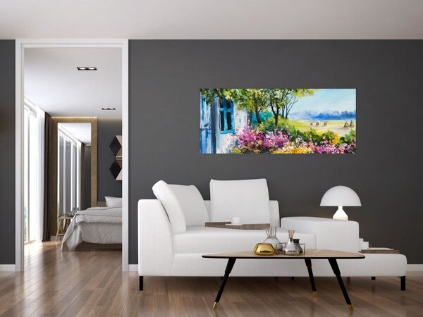 Slika vrta pred hišo, oljna slika (120x50 cm)