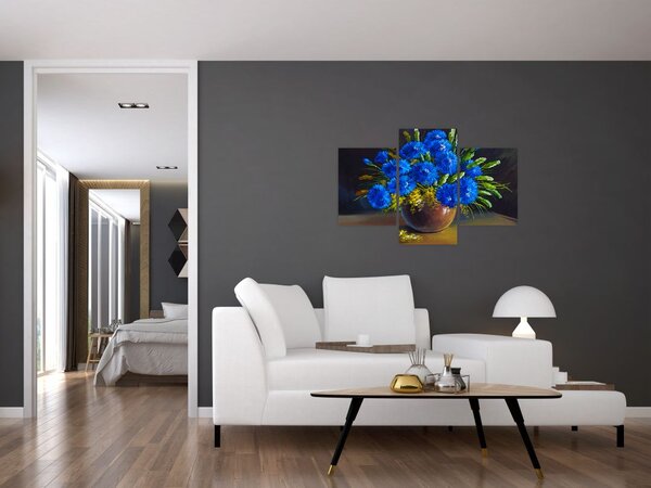 Slika modrih rož v vazi (90x60 cm)