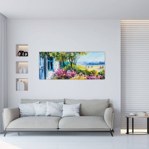 Slika vrta pred hišo, oljna slika (120x50 cm)