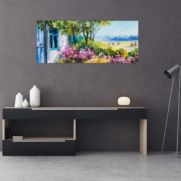 Slika vrta pred hišo, oljna slika (120x50 cm)