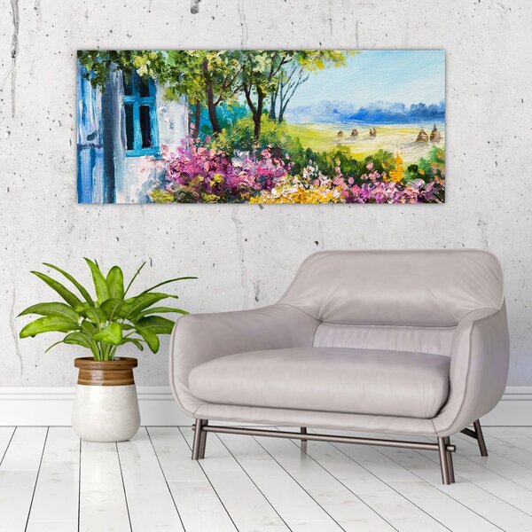 Slika vrta pred hišo, oljna slika (120x50 cm)