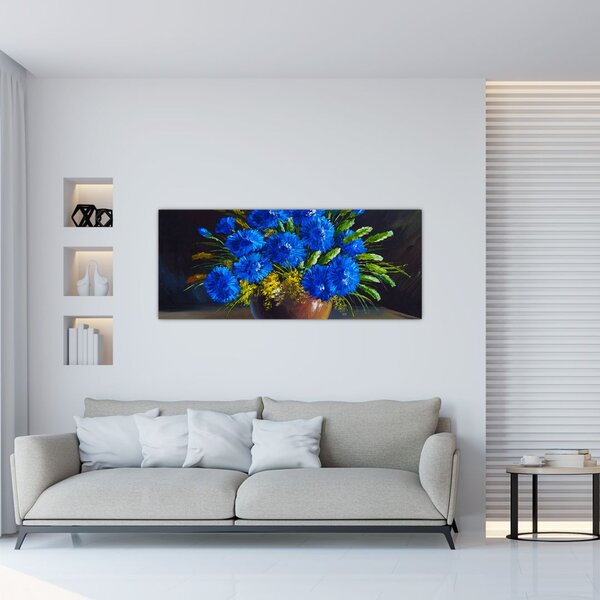 Slika modrih rož v vazi (120x50 cm)