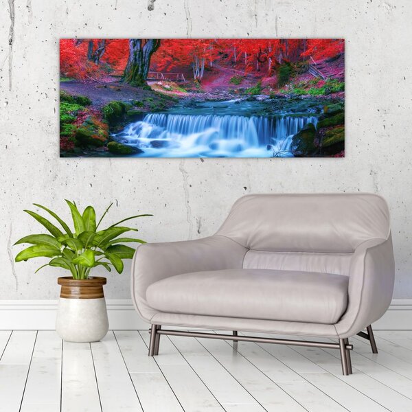 Slika slapa v rdečem gozdu (120x50 cm)