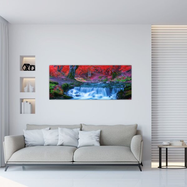 Slika slapa v rdečem gozdu (120x50 cm)