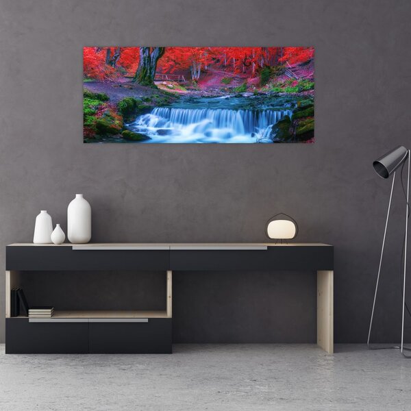 Slika slapa v rdečem gozdu (120x50 cm)
