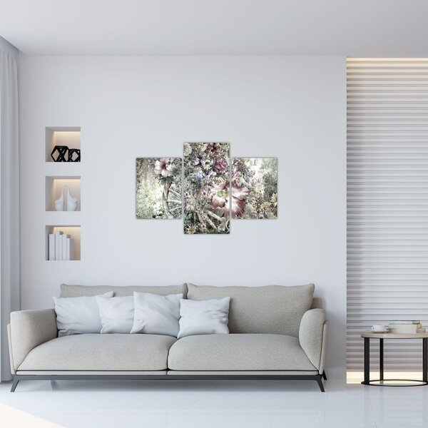 Slika rož na lesenem kolesu (90x60 cm)