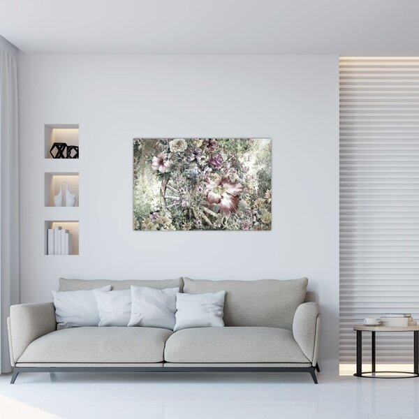 Slika rož na lesenem kolesu (90x60 cm)