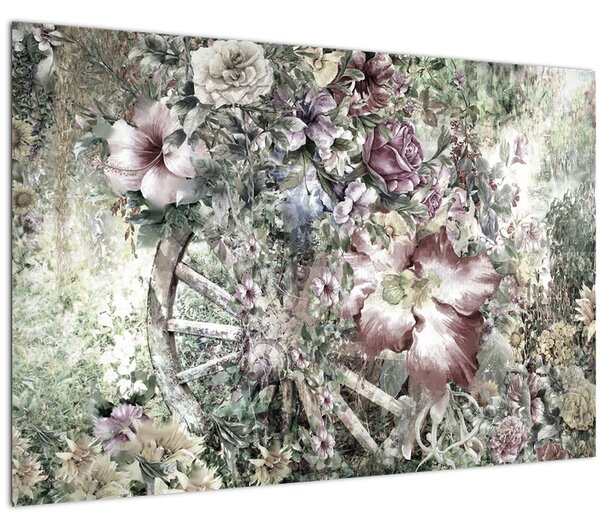 Slika rož na lesenem kolesu (90x60 cm)