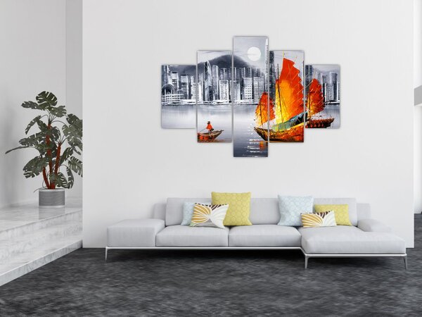 Slika - Victoria Harbor, Hong Kong, črno-bela oljna slika (150x105 cm)
